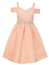 Satin Flower Girl Dress with Cold Shoulder and Pleated Skirt, Sizes 2-14 - SophiasStyle.com